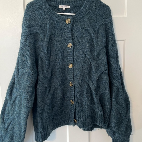 Madewell Ashmont Cable Knit Cardigan Sweater Cozy Large Wool Blend Mineral Blue - Picture 2 of 11